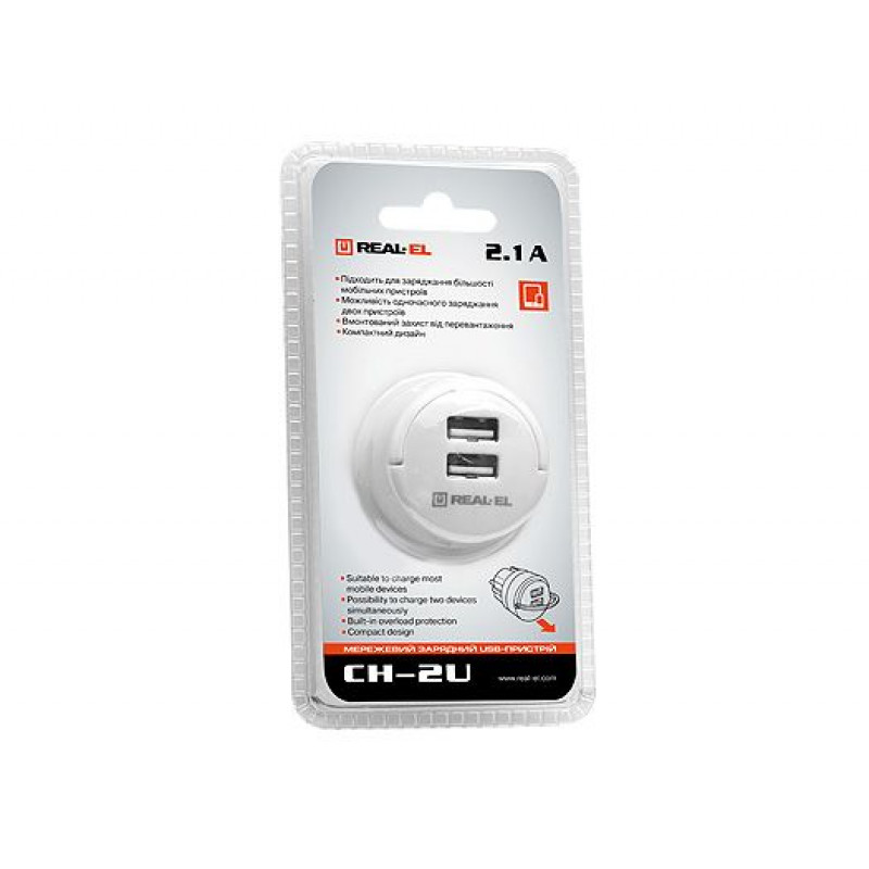 Блок питания (зарядное устройство) REAL-EL CH-2U (2USB, 2.1A) White, Зарядное устройство, USB, Нет, Проводное