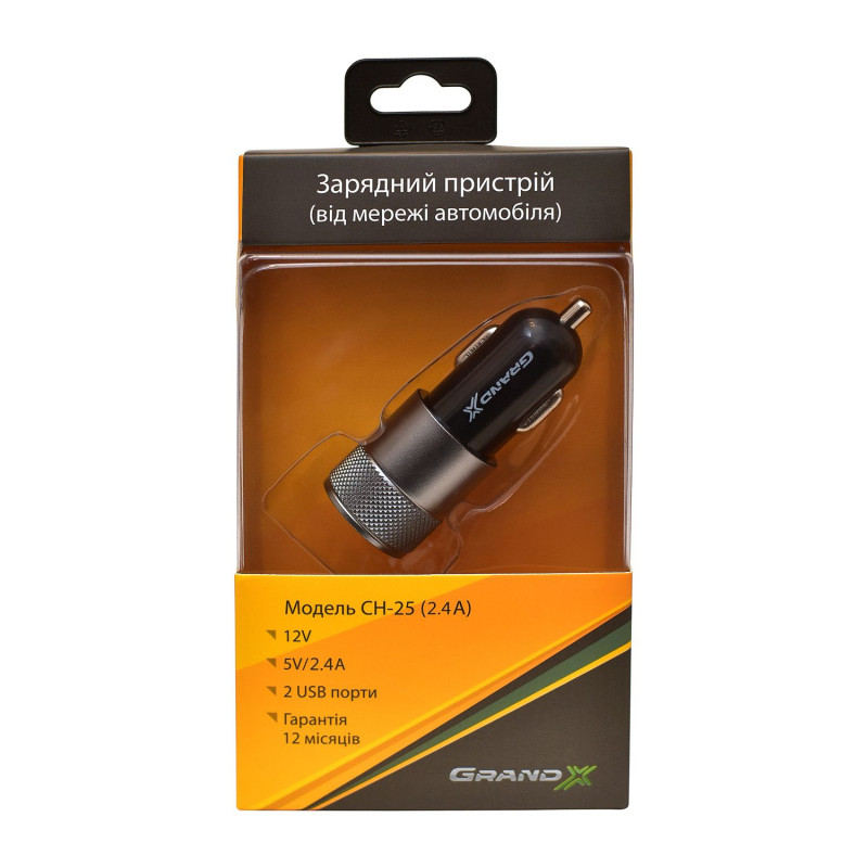 Автомобильный блок питания (зарядное устройство) Grand-X (2xUSB 2.4A) Black (CH-25B), Зарядное устройство, USB, Да, Проводное