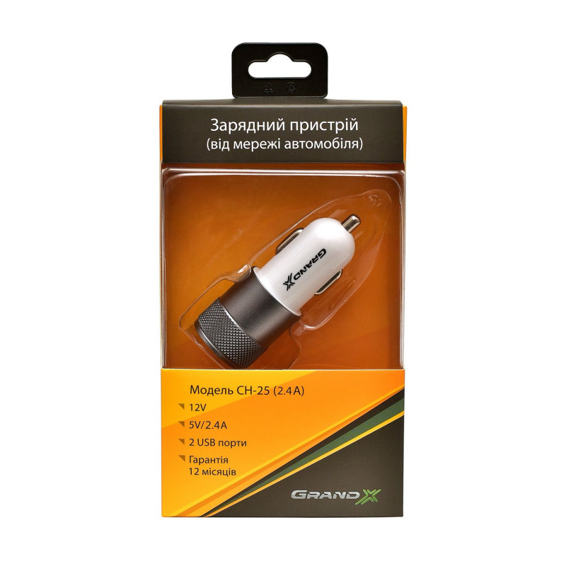 Автомобильный блок питания (зарядное устройство) Grand-X (2xUSB 2.4A) White (CH-25W), Зарядное устройство, USB, Да, Проводное
