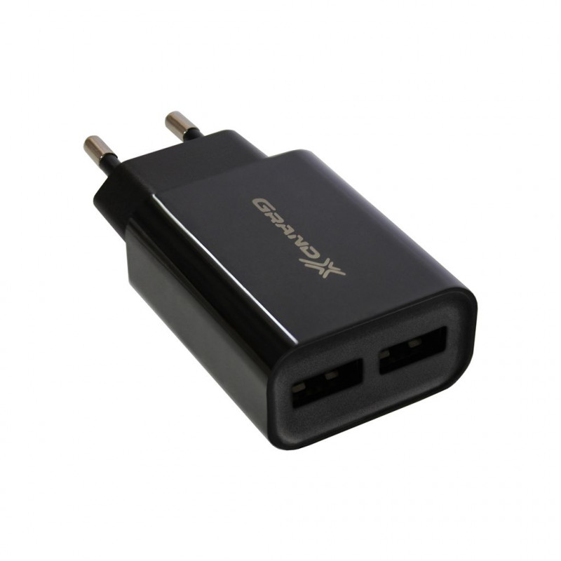 Блок питания (зарядное устройство) 12W Grand-X (2xUSB 2.4A) Black (CH-45UMB) + кабель microUSB, Зарядное + кабель, micro-USB, Нет, Проводное
