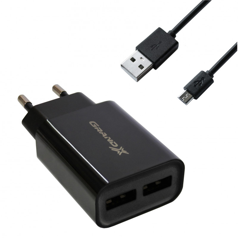 Блок питания (зарядное устройство) 12W Grand-X (2xUSB 2.4A) Black (CH-45UMB) + кабель microUSB, Зарядное + кабель, micro-USB, Нет, Проводное