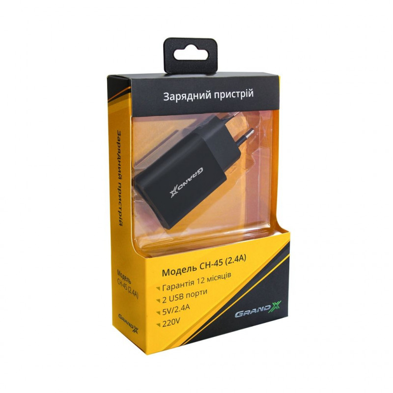 Блок питания (зарядное устройство) 12W Grand-X (2xUSB 2.4A) Black (CH-45UMB) + кабель microUSB, Зарядное + кабель, micro-USB, Нет, Проводное