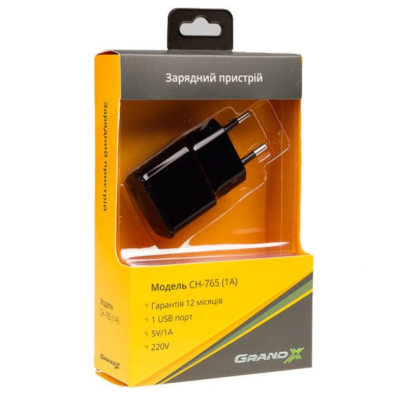 Блок питания (зарядное устройство) 5W Grand-X (1xUSB 1A) Black (CH-765B), Зарядное устройство, USB, Нет, Проводное