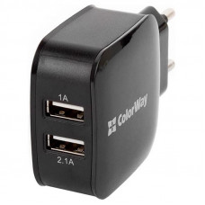 Блок питания (зарядное устройство) ColorWay (2USB, 2.1A) (CW-CHS006-BK), Зарядное устройство, USB, Нет, Проводное