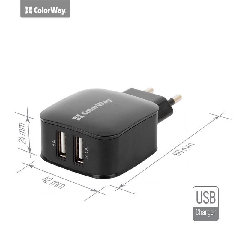 Блок питания (зарядное устройство) ColorWay (2USB, 2.1A) (CW-CHS006-BK), Зарядное устройство, USB, Нет, Проводное