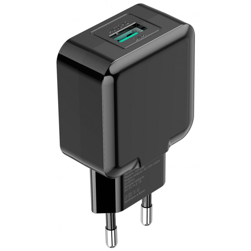Блок питания (зарядное устройство) 10W Grand-X (1xUSB 5В/2.1А) Black (CH-03B), Зарядное устройство, USB, Нет, Проводное