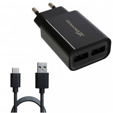 Блок питания (зарядное устройство) Grand-X (2xUSB 2.4А) Black (CH-45T) + кабель USB Type C, Зарядное + кабель, USB Type-C, Нет, Проводное
