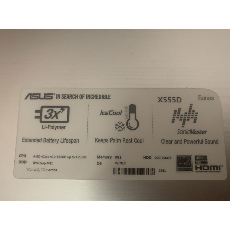 Ноутбук Asus X555DA / 15.6" TN / FHD 1920*1080 / AMD QuadCore A10-8700p / DDR3 8Gb / SSD 256Gb / AMD Radeon R6 / Wi-Fi / Card-reader / Web-cam