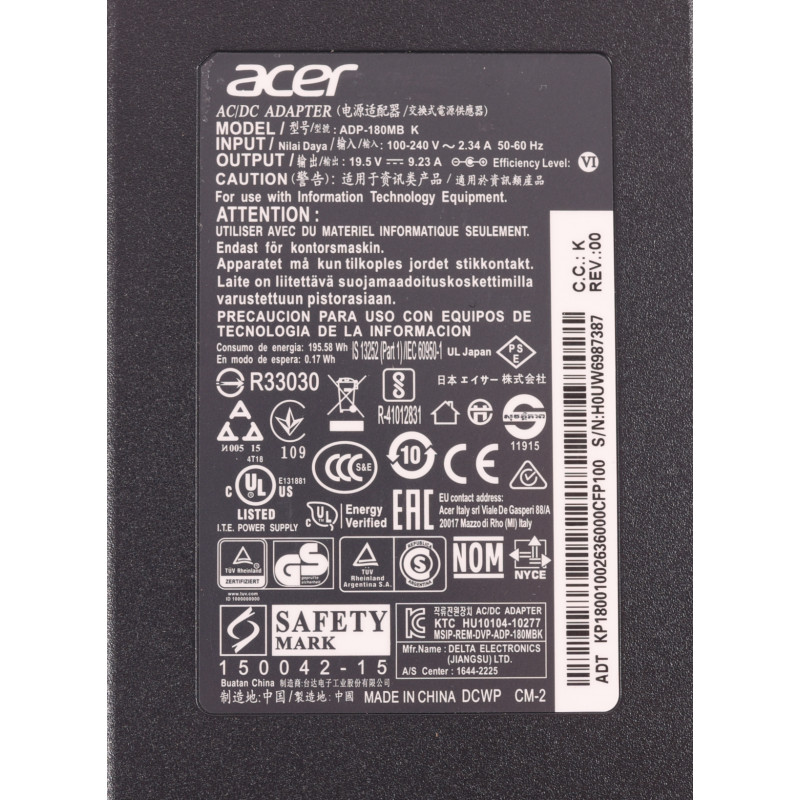 Блок живлення (зарядка) ADP-180MB K для ноутбука Acer 180W (19.5V 9.23A 5.5 *1.7 мм) Оригінал